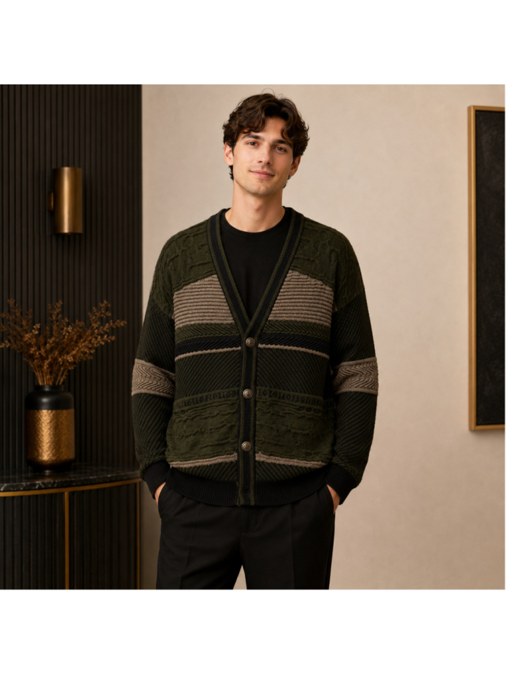 Men's Bachrach Textured Cardigan Sweater Large Olive Green Black Taupe